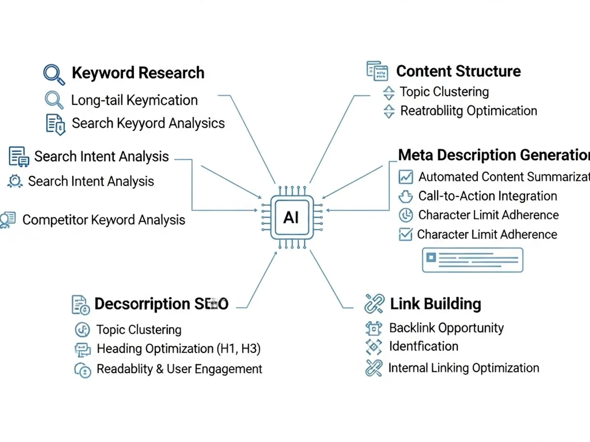 Diagram outlining various SEO aspects enhanced by AI, such as keyword research, content structure, meta description generation, and link building, highlighting the role of AI in improving organic traffic.