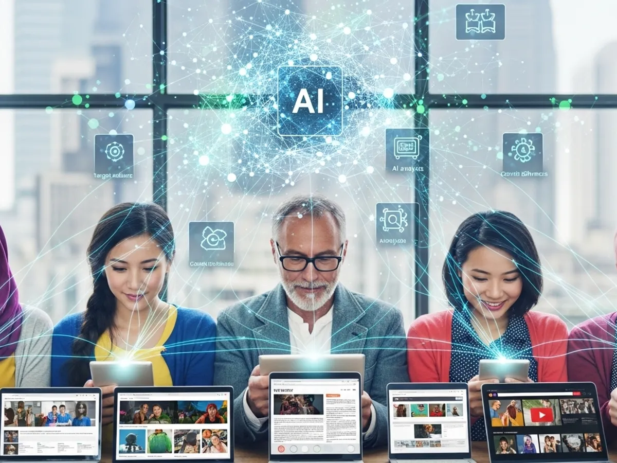 A diverse team utilizes AI writing tools for AI content optimization, showcasing AI-powered content solutions to enhance search engine optimization and content marketing strategies.