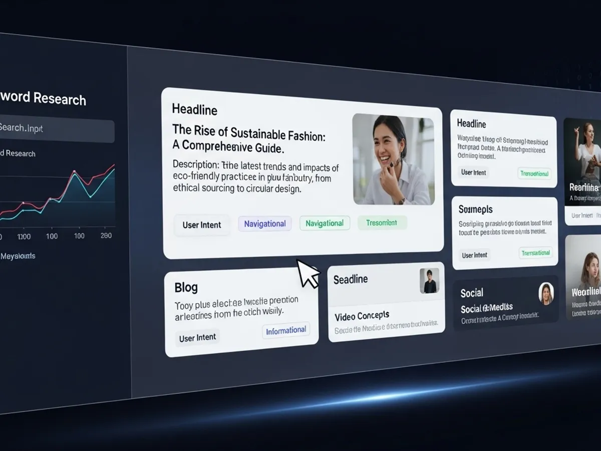 Screenshot of an AI-powered content creation platform, showcasing keyword research, headline optimization, and user intent analysis for effective SEO content writing.