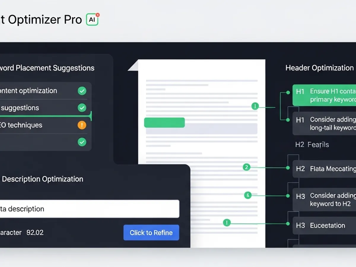 AI Content Optimizer Pro interface providing keyword placement suggestions, content optimization tips, and SEO techniques to refine meta descriptions and optimize header content.