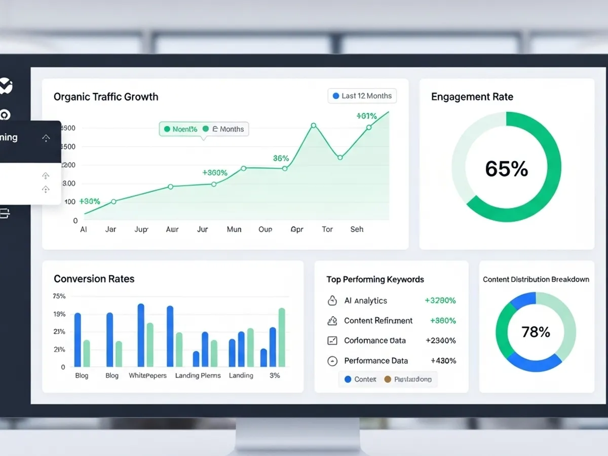 Dashboard displaying organic traffic growth, engagement rates, conversion rates, top performing keywords, and content distribution breakdown, illustrating the impact of AI in content marketing and search engine optimization.