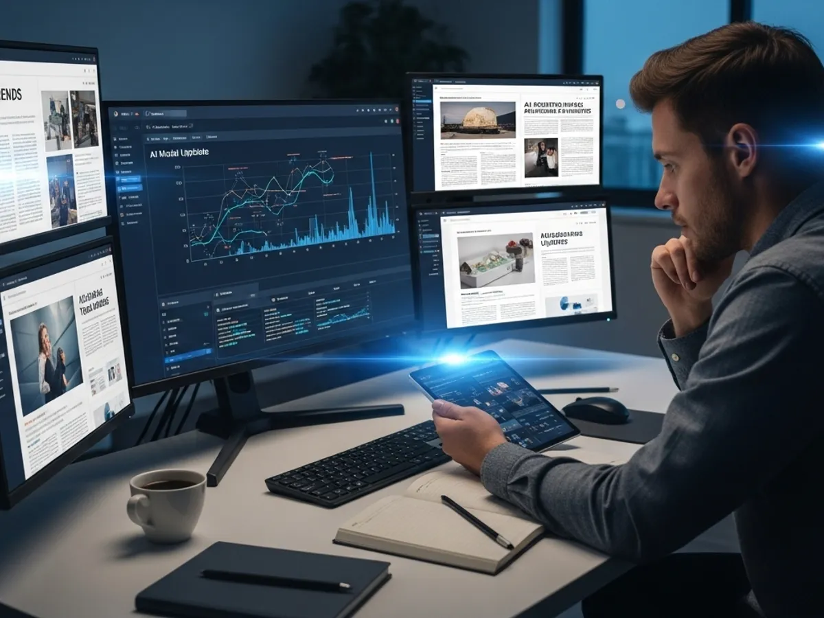 A content strategist analyzes AI-powered content performance metrics across multiple monitors, leveraging AI writing tools to enhance SEO content writing and drive organic traffic growth.