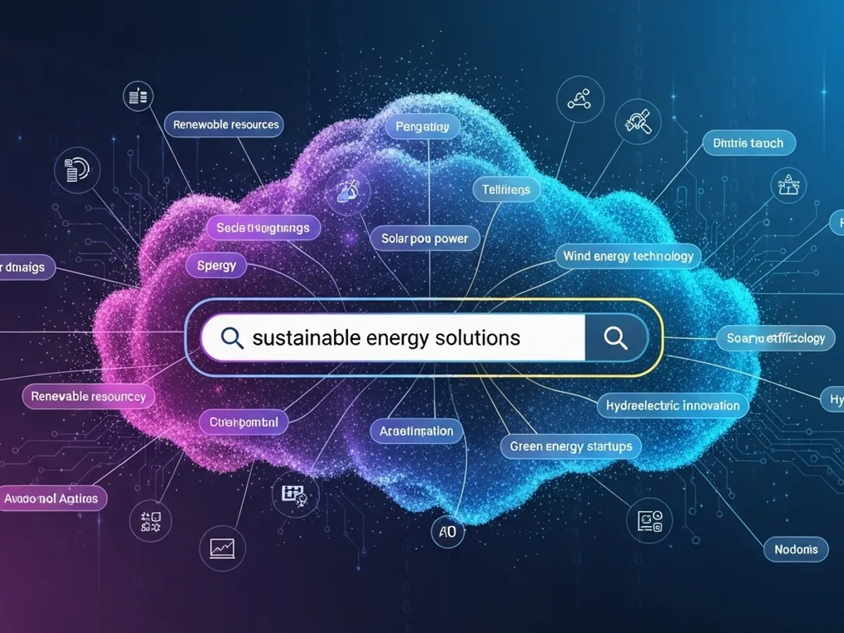 A stylized cloudscape visualizing search terms related to sustainable energy solutions, representing the broad range of topics and keywords relevant to content marketing in the renewable energy sector.