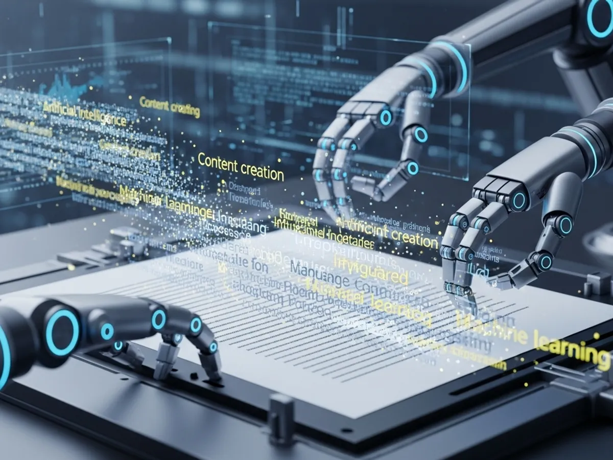 Robotic hands working on a document with overlaid digital information, symbolizing AI content generation and the automation of content creation processes using AI writing assistant.