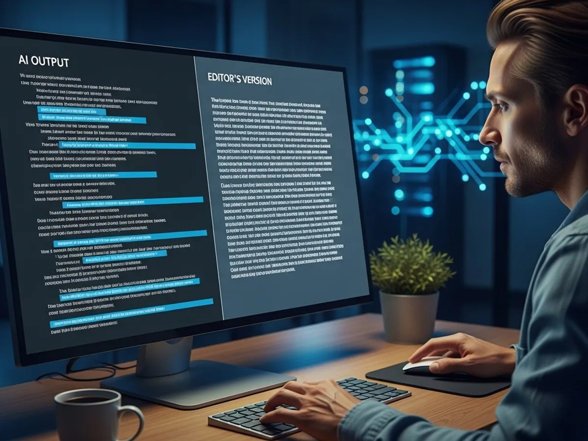 A man reviews AI-generated content on a computer screen, illustrating the process of AI writing for SEO and AI content strategy development to improve search engine optimization.