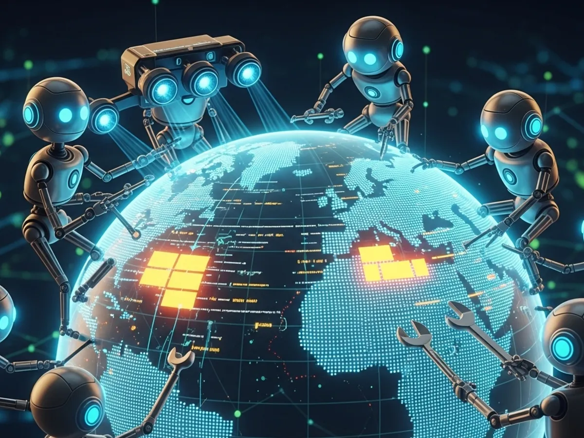 Robots collaborating on a digital globe, representing the global reach and impact of AI content optimization and SEO best practices for driving organic traffic.