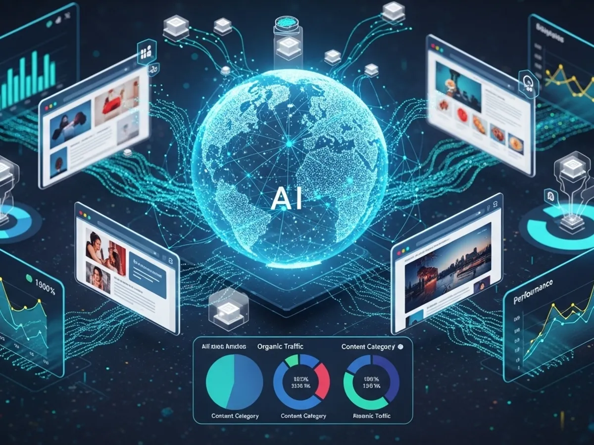 A digital display showcasing website performance metrics and organic traffic growth around a central AI globe, highlighting the importance of AI in content marketing and search engine optimization.