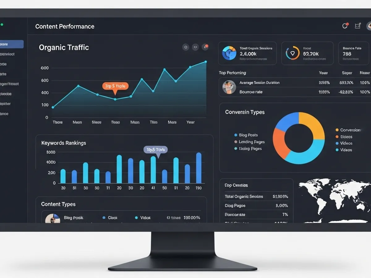 A computer monitor displaying a dashboard with various SEO metrics like organic traffic, keyword rankings, and content performance, demonstrating the use of data-driven insights for AI content strategy.