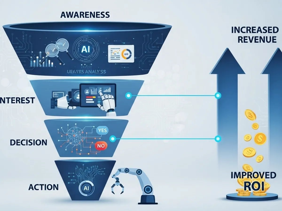 A marketing funnel diagram illustrating the stages from awareness to increased revenue and improved ROI, showcasing how AI-driven content can optimize each stage of the customer journey.