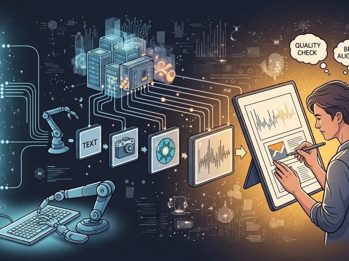 A digital artwork depicting the process of AI-assisted content creation, from text generation and image integration to quality checks, illustrating the comprehensive workflow of AI tools for writers.