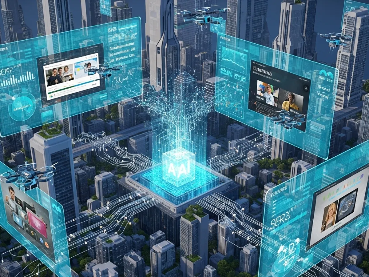 A futuristic cityscape with floating screens displaying various types of content, symbolizing the pervasive influence of AI content generation and its impact on content marketing and organic traffic growth in the digital world.