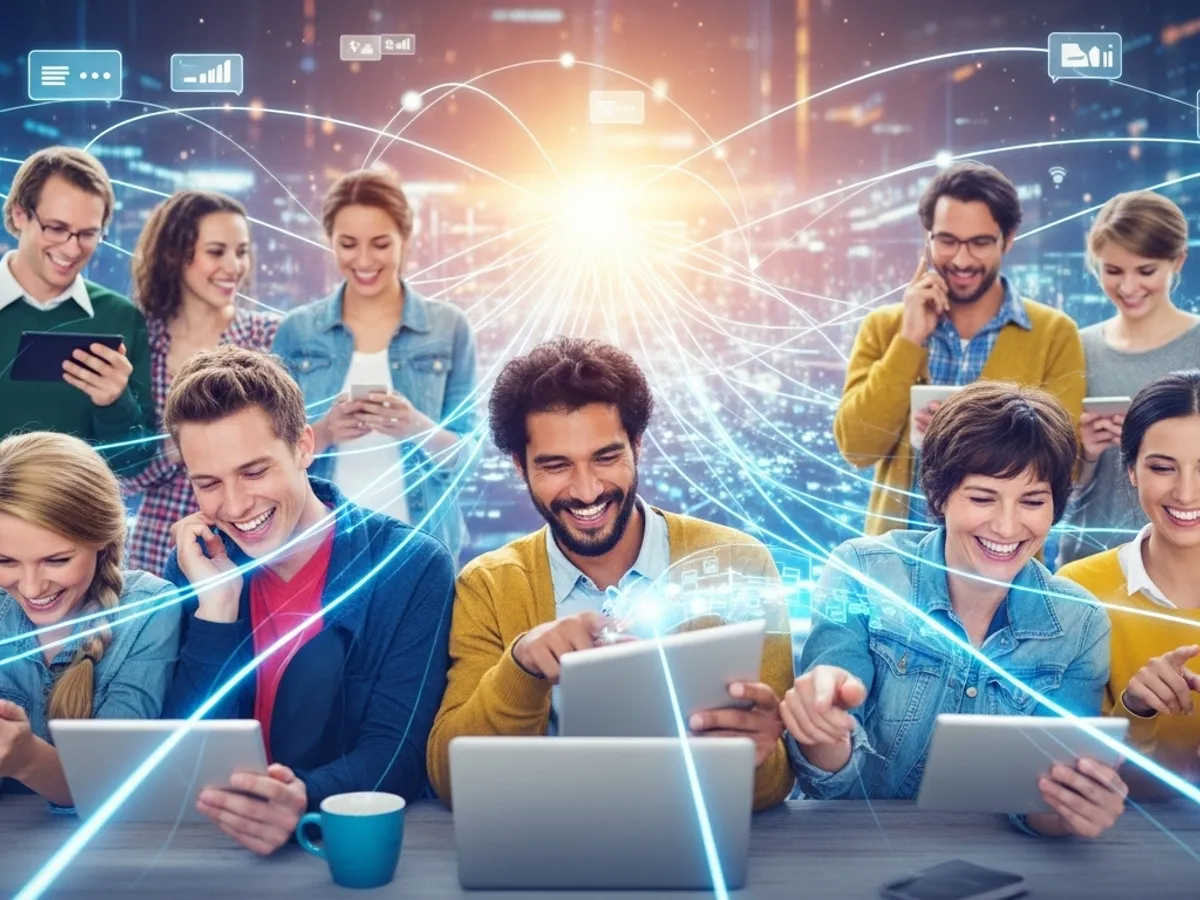 Diverse group of people smiling and using devices, connected by digital lines, representing the interconnectedness of content marketing and AI copywriting.
