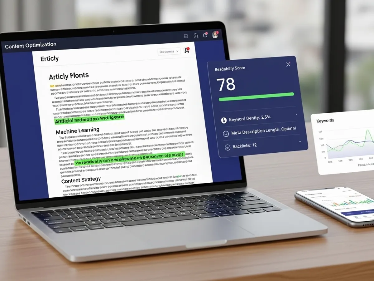 Laptop screen displaying content optimization tool with readability score and keyword density, highlighting the benefits of using AI content strategy for SEO best practices.