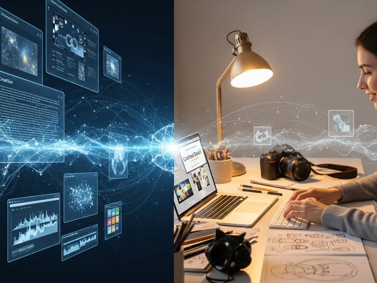 Split image: one side shows data visualization and AI processing, the other side shows a person working on a laptop with a camera, symbolizing AI tools for writers in content generation and SEO.