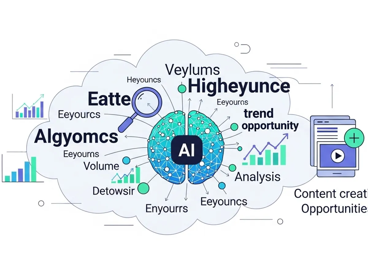 Conceptual illustration of AI driving content creation opportunities, analysis, and trend identification for digital marketing strategies.