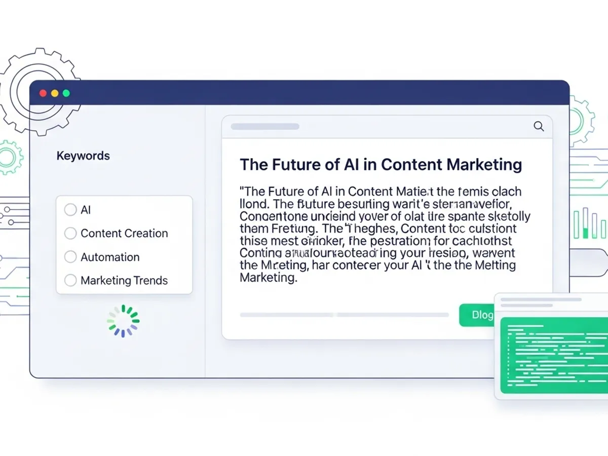 Screenshot of an interface with keywords and content related to 'The Future of AI in Content Marketing,' showcasing AI's role in content creation and digital marketing.