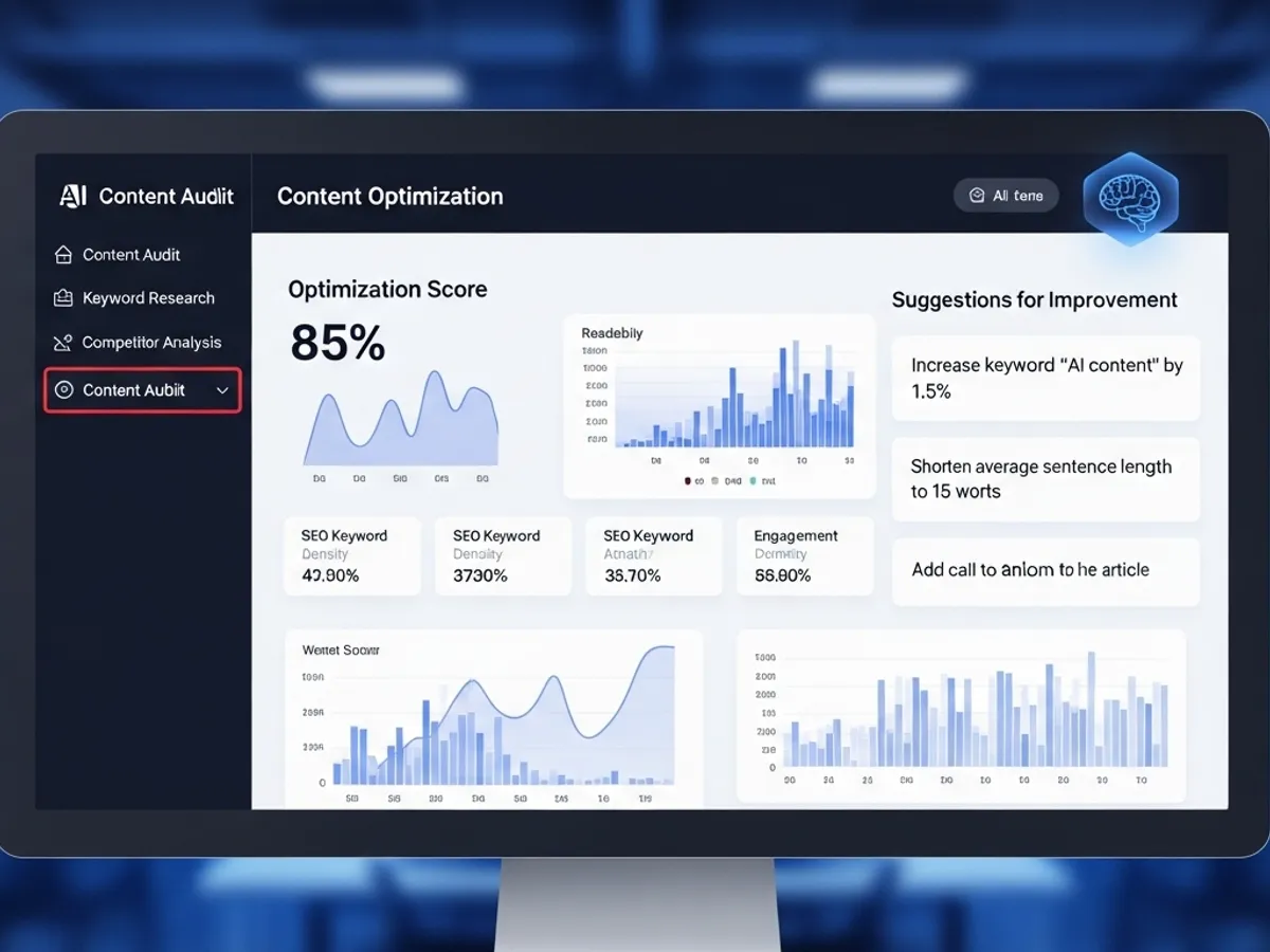 AI-powered content audit dashboard displaying an optimization score and suggestions for improvement, indicating the use of artificial intelligence in SEO optimization and content marketing.