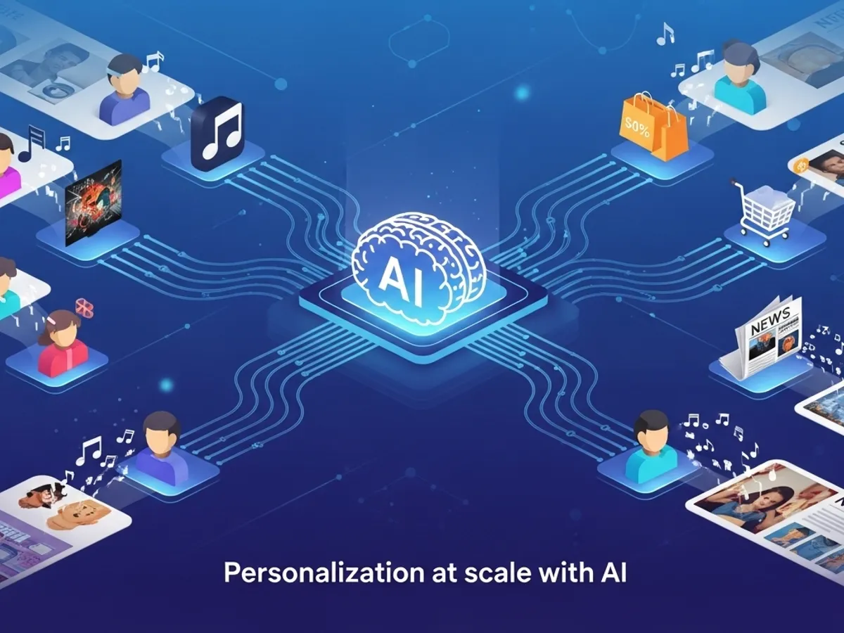 AI-driven personalization concept with various icons connected to a central AI brain, representing tailored content experiences for digital marketing.