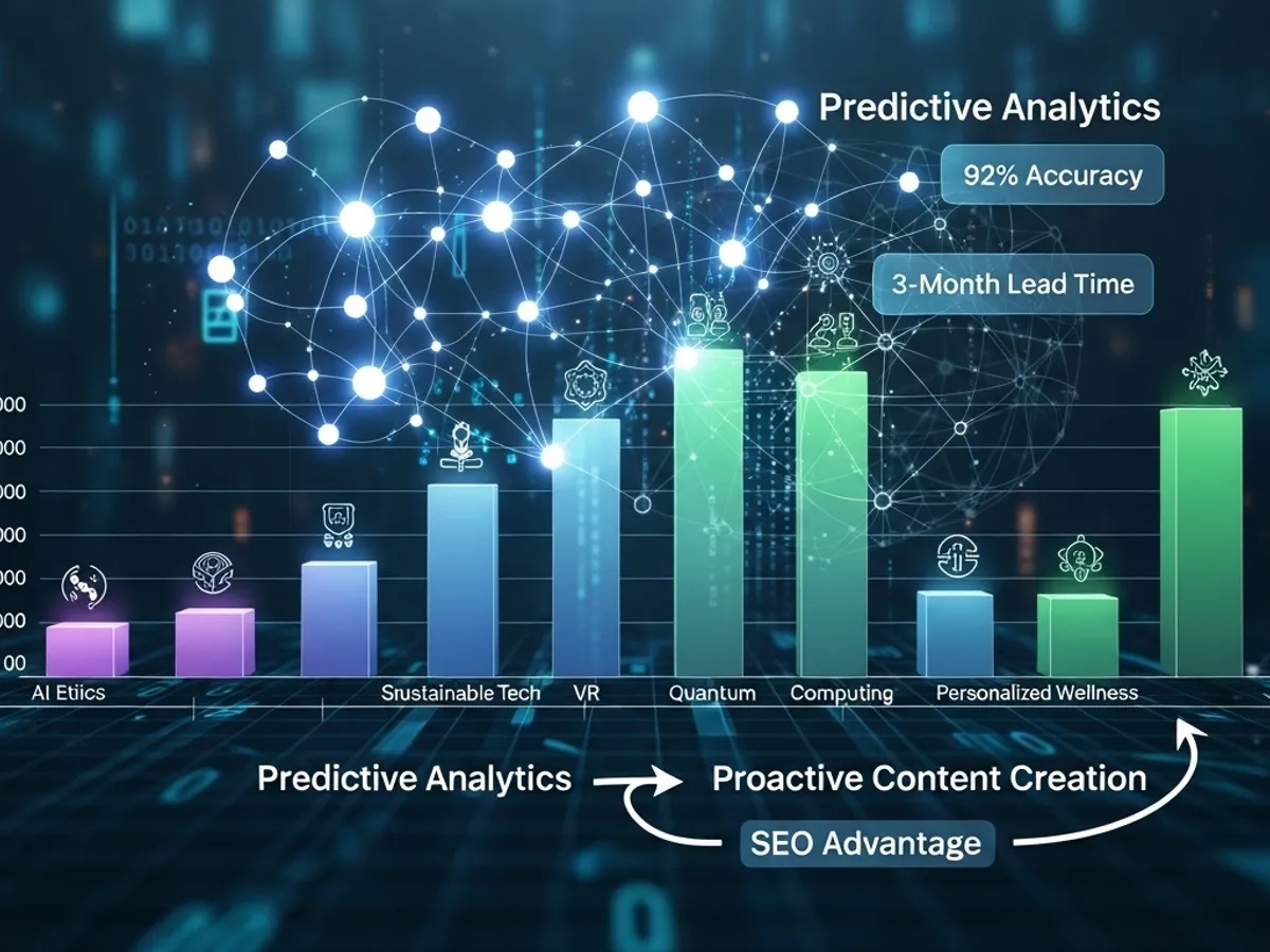 Bar graph showing predictive analytics with AI, illustrating proactive content creation for SEO advantage and improved website traffic.