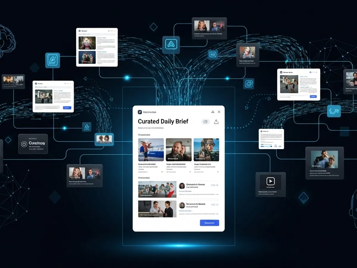 Curated daily brief interface connected to various content sources, depicting AI's role in content aggregation and personalized digital marketing.