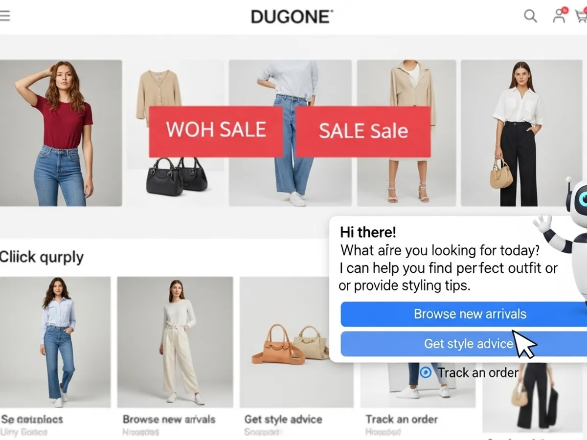E-commerce website with an AI chatbot offering styling tips and browsing new arrivals, demonstrating AI's application in improving user experience and digital marketing.