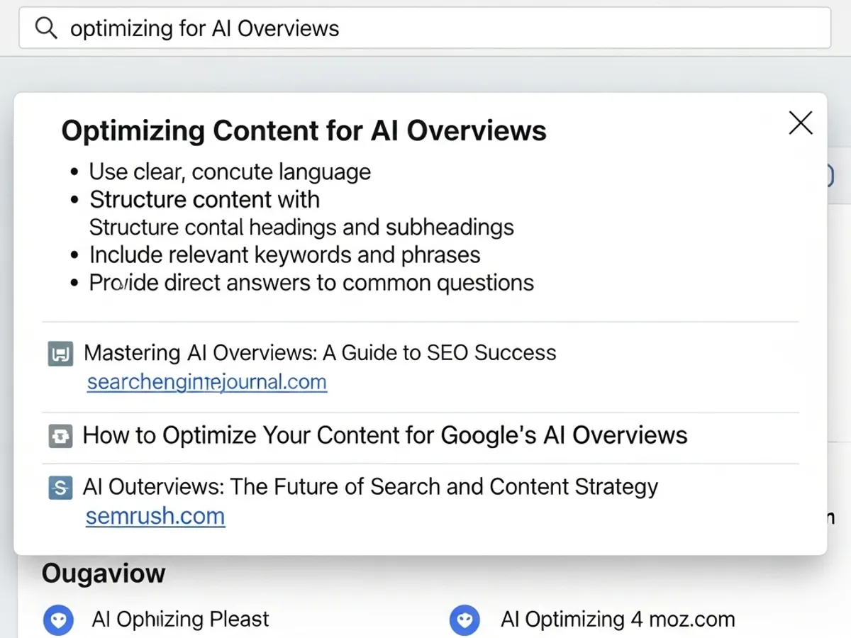 Search results for 'optimizing for AI overviews,' highlighting the importance of clear language, structured content, and relevant keywords for SEO optimization.
