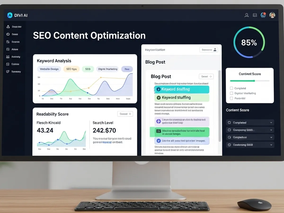 SEO content optimization dashboard showing keyword analysis, readability score, and content score, representing the use of AI for improving search engine optimization and content marketing.