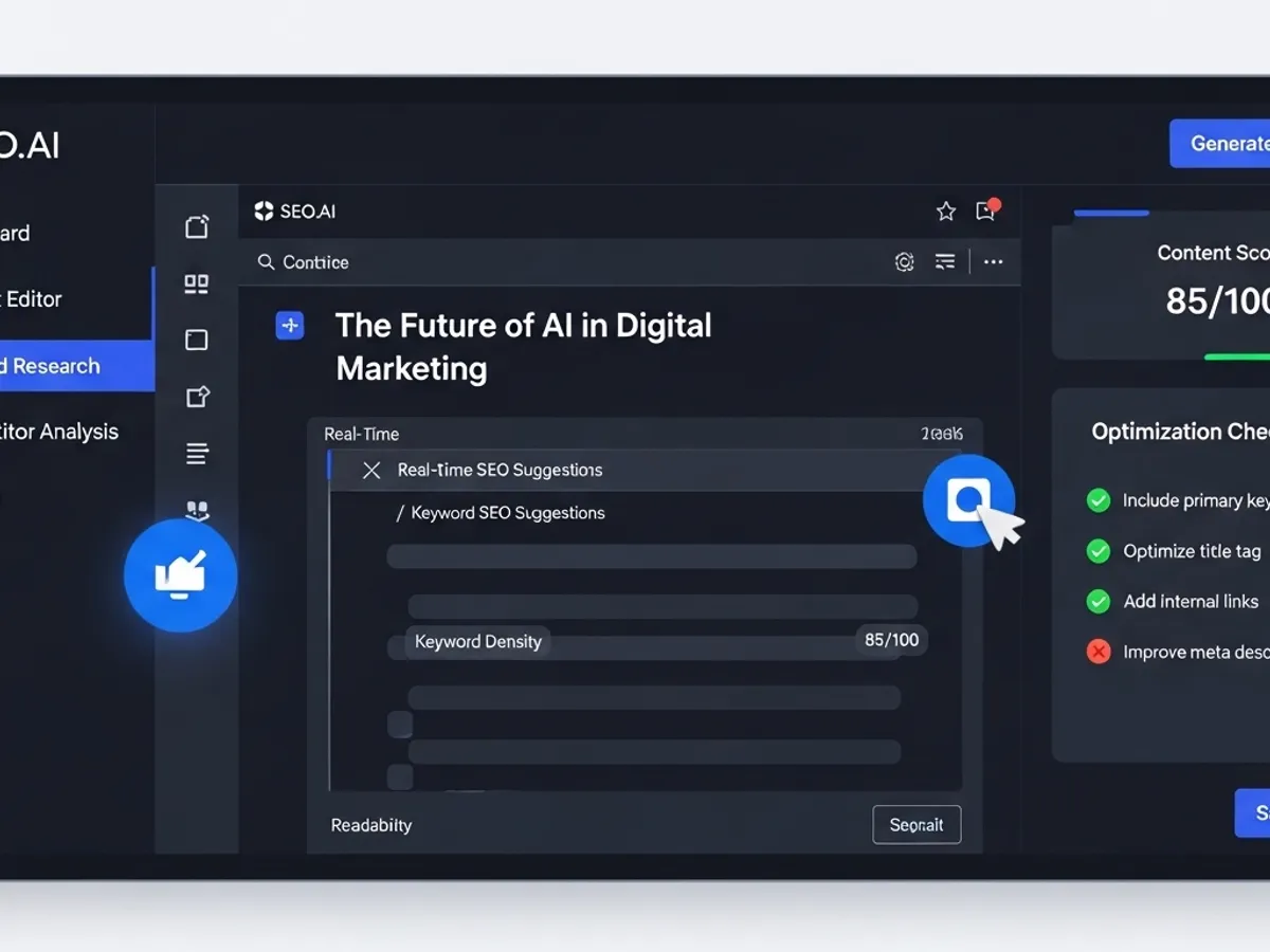 Interface displaying real-time SEO suggestions and keyword density for 'The Future of AI in Digital Marketing,' illustrating the use of artificial intelligence for SEO optimization and content creation.