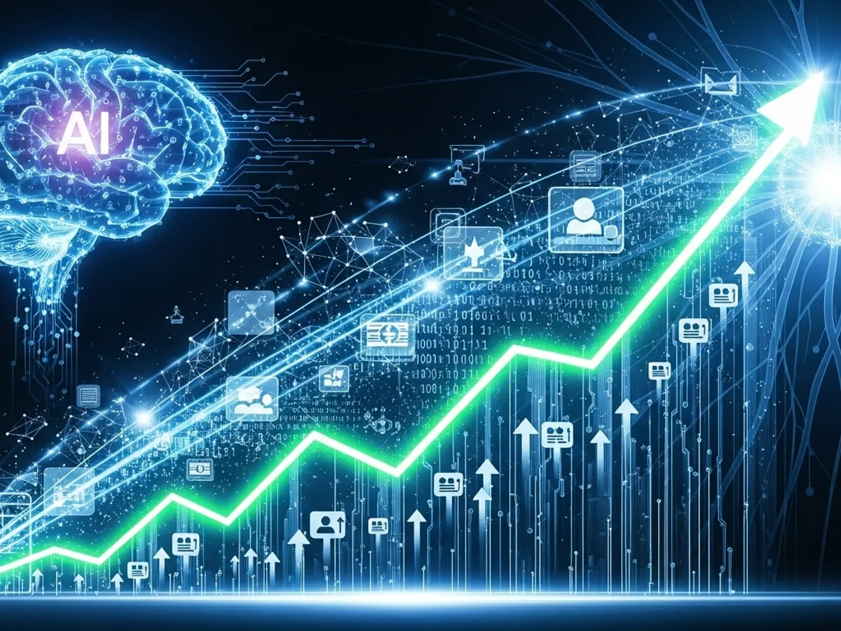 Graph depicting upward growth driven by AI, representing the impact of artificial intelligence on website traffic, ranking factors, and organic growth through content marketing.