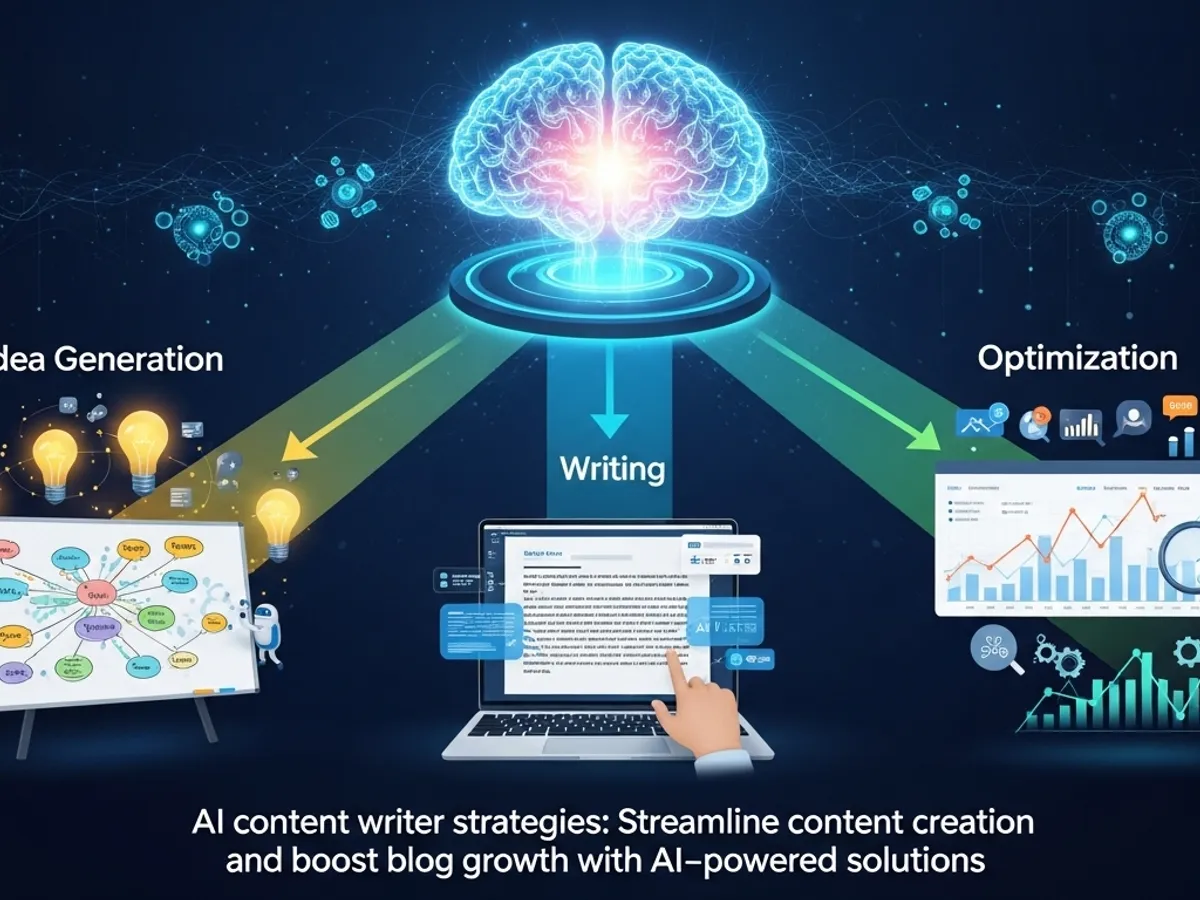 AI content writer strategies streamline content creation, boosting blog growth with AI-powered solutions through idea generation, AI writing tools and optimization, visualized with a brain leading to a laptop and various analytical graphs.