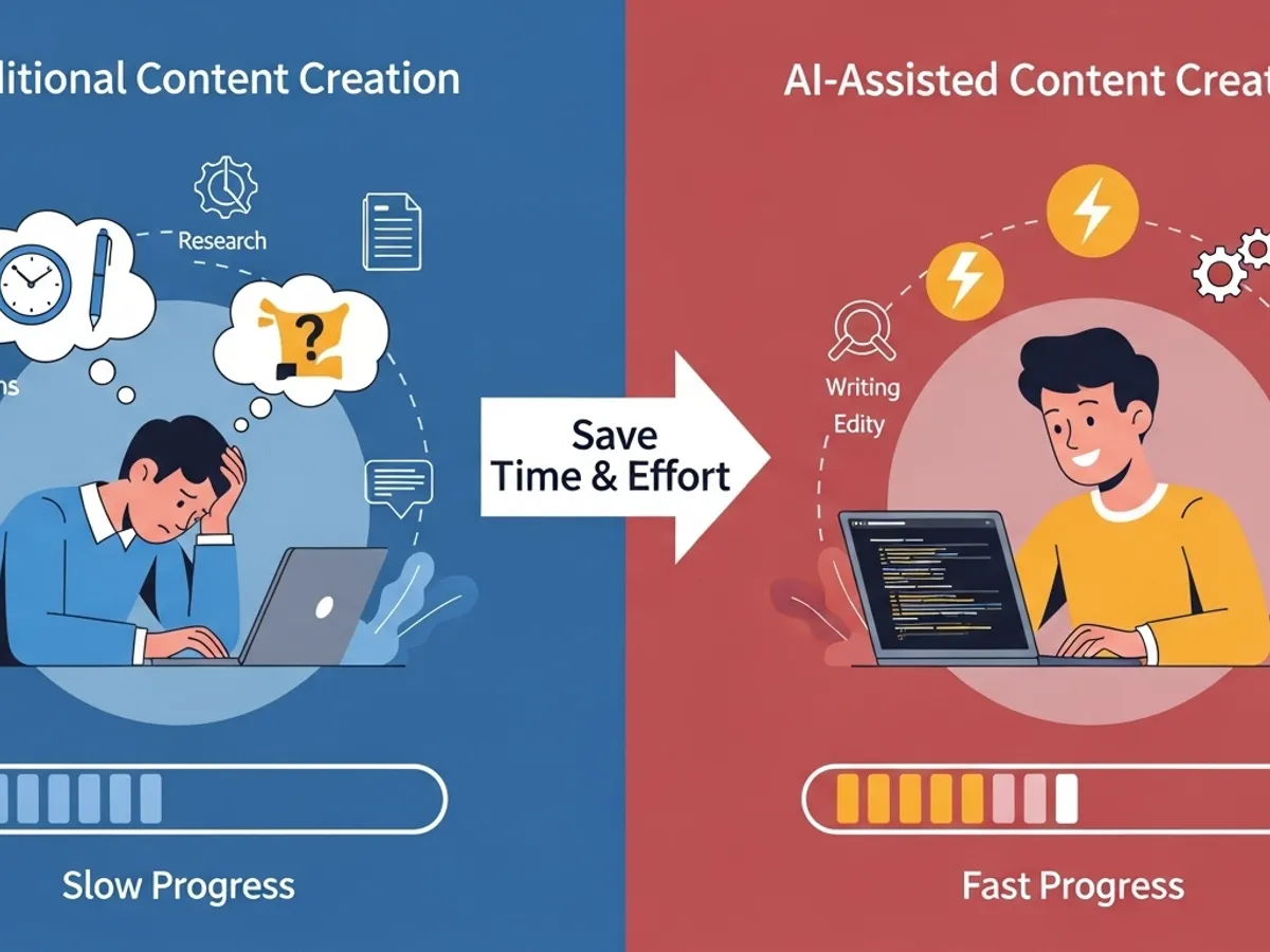 Comparison of traditional content creation versus AI-assisted content creation, illustrating how AI saves time and effort, leading to faster progress in AI blog posts.