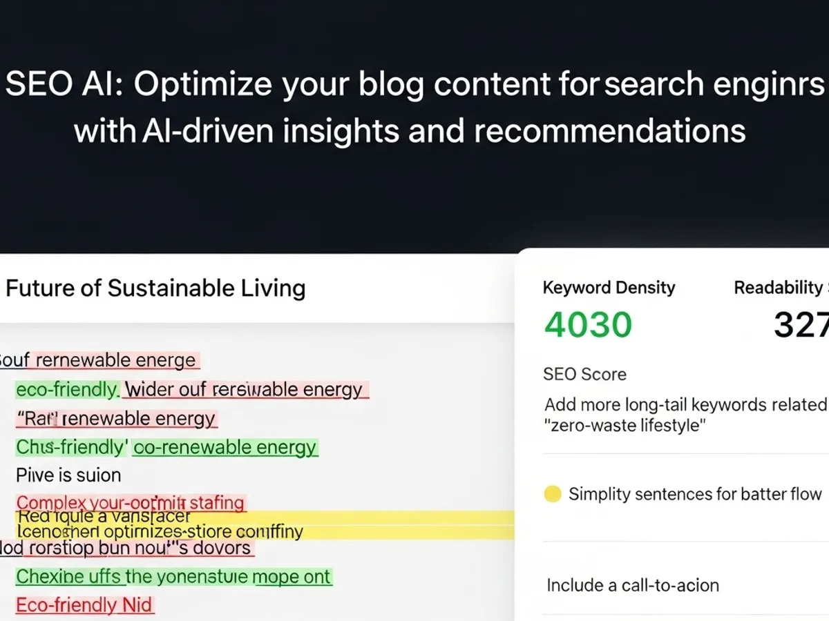 SEO AI: Optimize your blog content for search engines with AI-driven insights and recommendations, showing keyword density and readability scores, emphasizing the importance of long-tail keywords for a 'zero-waste lifestyle'.