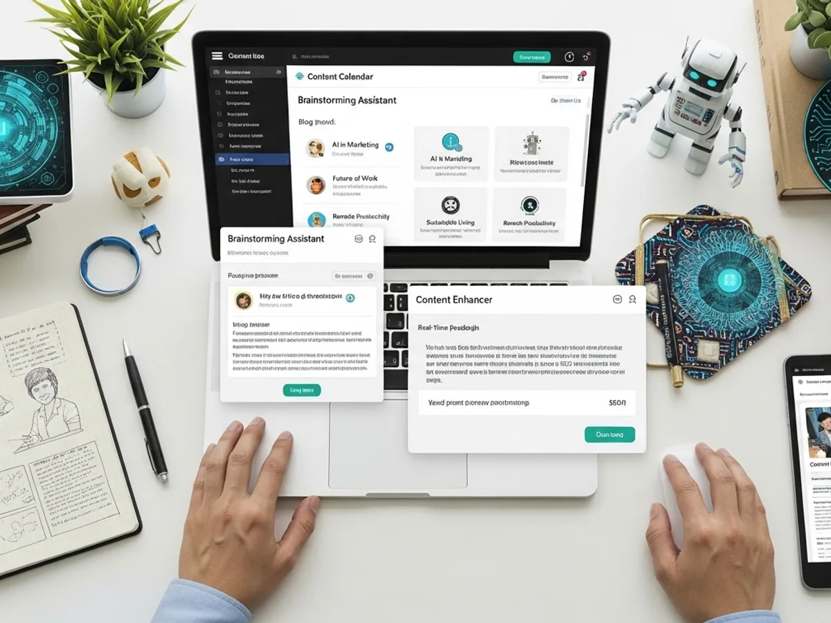 Hands using a laptop displaying an AI content creation tool with features like a brainstorming assistant and content enhancer, surrounded by a notebook, tablet, and a small AI robot, showcasing AI writing for blogs.