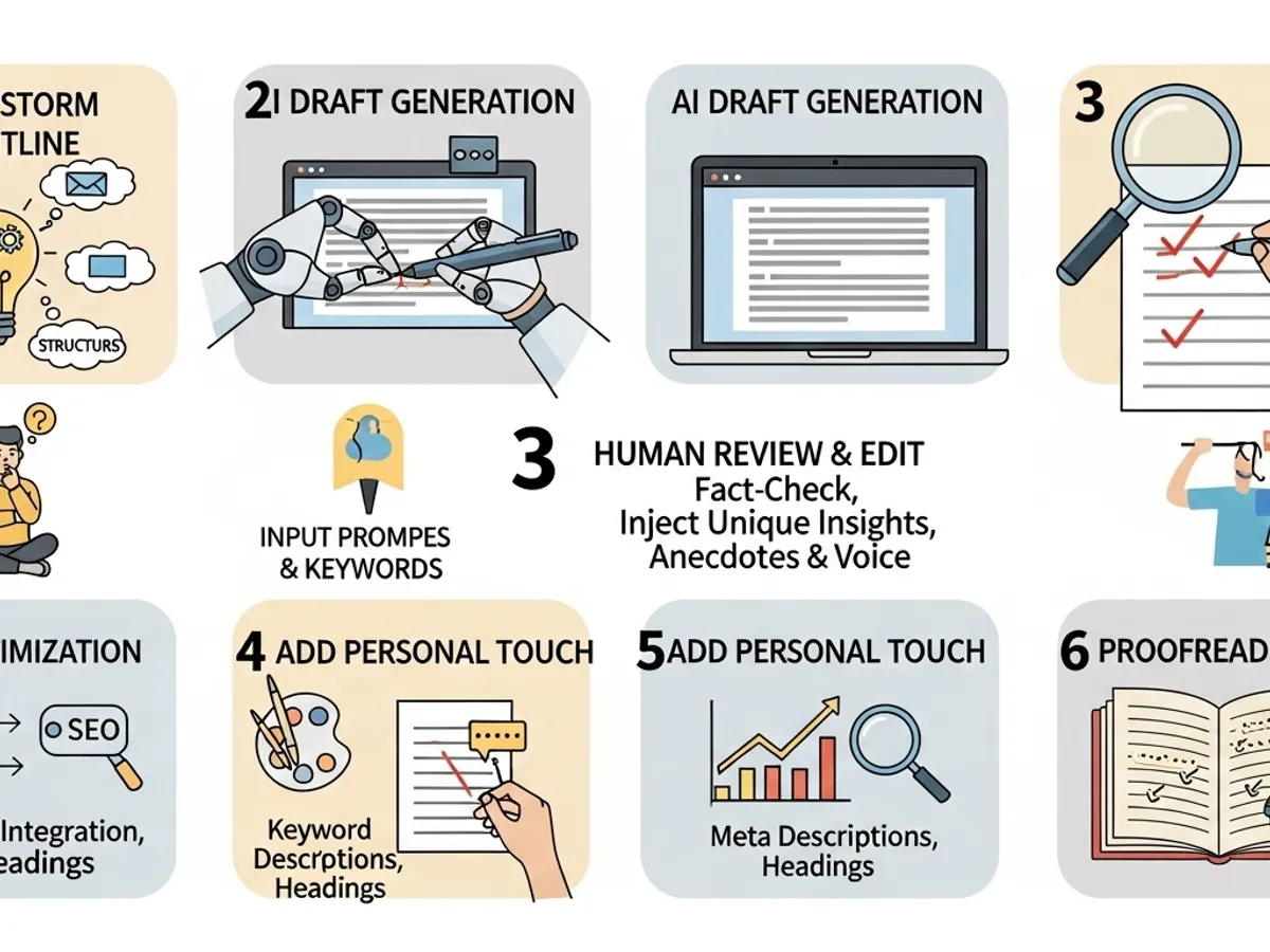 Infographic illustrating the AI content creation process, including outline brainstorming, AI draft generation, human review and edit, adding personal touch with keyword descriptions and meta descriptions, and proofreading for SEO AI optimization.