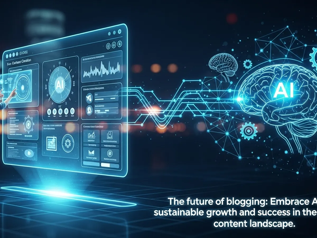 The future of blogging: Embrace AI for sustainable growth and success in the content landscape, showing a holographic screen with AI data and a connected brain, symbolizing AI strategy for content marketing.