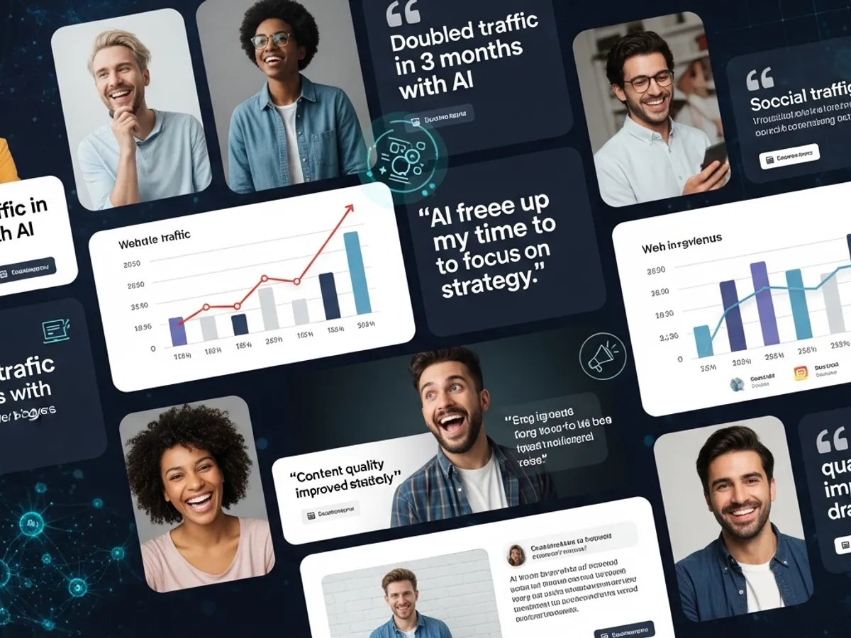 Collage of testimonials and data showcasing the positive impact of AI on blog growth, including doubled traffic in 3 months, increased website traffic and revenue, and improved content quality through AI content creation.