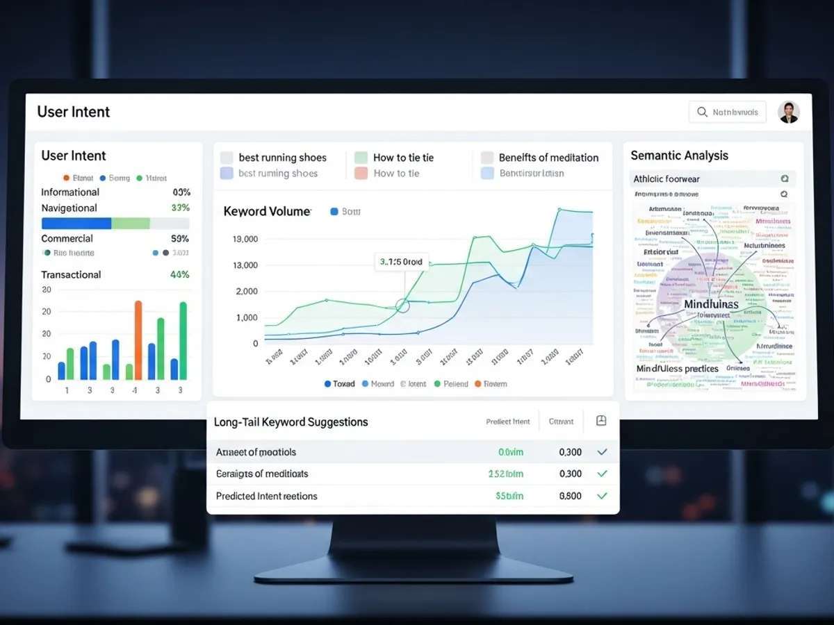 A monitor displays user intent analysis, keyword volume trends, and semantic analysis, showcasing SEO content creation and AI content optimization.