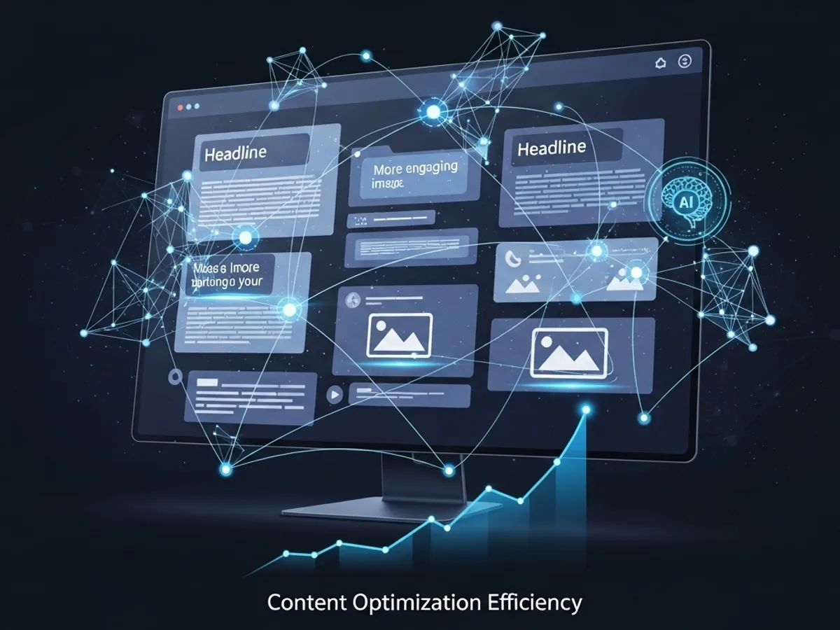 A computer screen showing content optimization efficiency through AI, displaying headlines, engaging images, and the integration of AI for improved content.