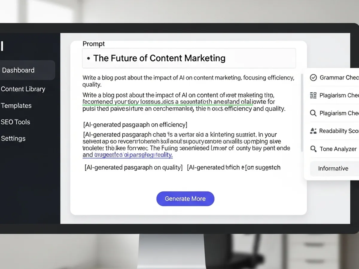 AI writing tools interface showing the future of content marketing, with options for generating blog content and performing grammar checks, plagiarism checks, and readability analysis.