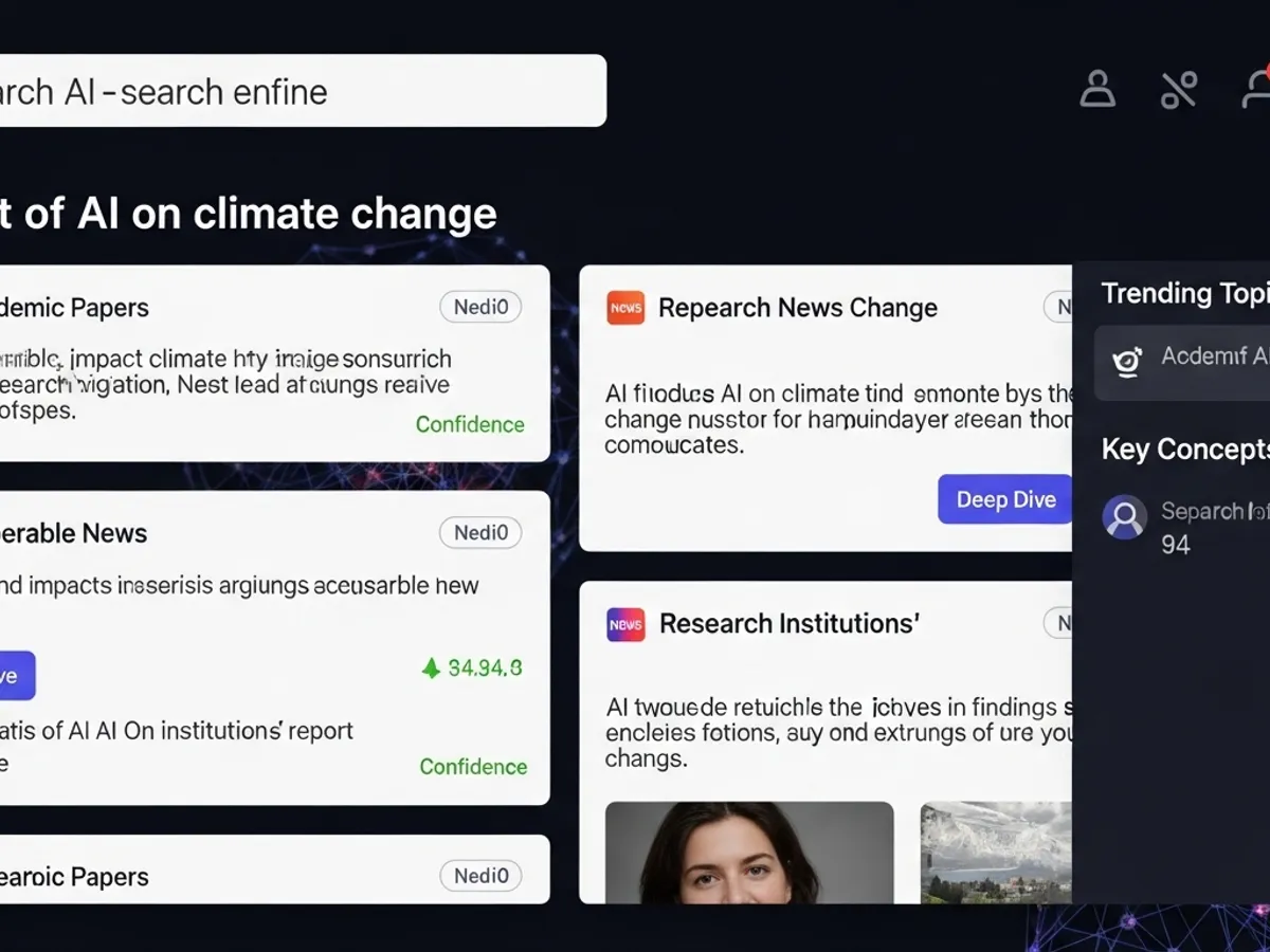 Interface of an AI-powered search engine displaying results related to the impact of AI on climate change, showcasing AI's role in digital marketing and search engine ranking.