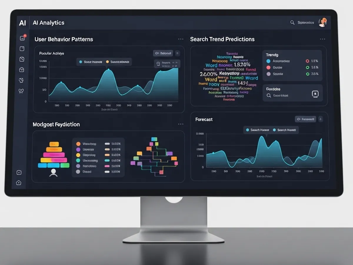 An AI analytics dashboard displaying user behavior patterns, search trend predictions, and forecast data, illustrating AI's role in content marketing strategies.