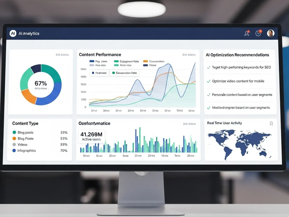 AI analytics dashboard showing content performance metrics, AI optimization recommendations, and real-time user activity for effective SEO content creation and audience engagement.