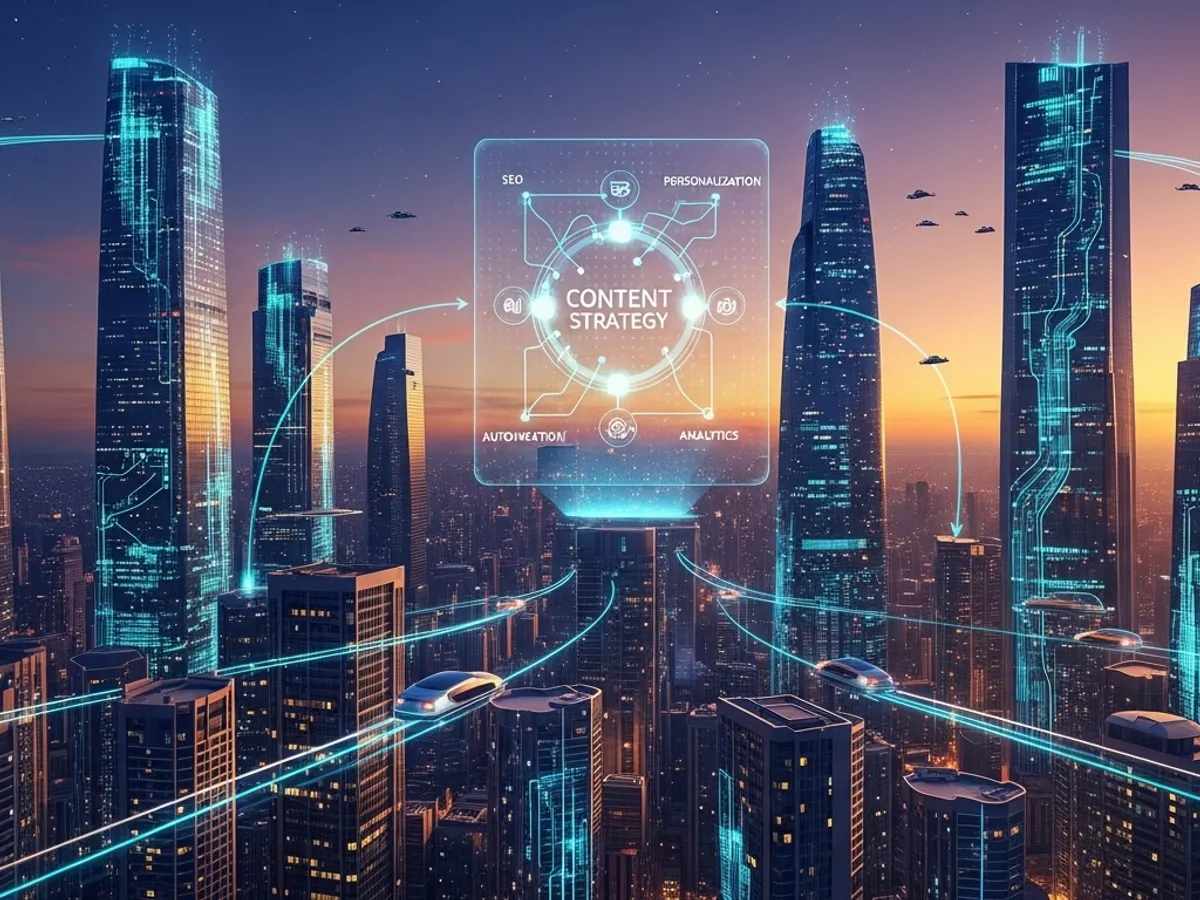 Futuristic cityscape with a central holographic display showing 'Content Strategy' connected to SEO, personalization, automation, and analytics, representing AI's role in content marketing.