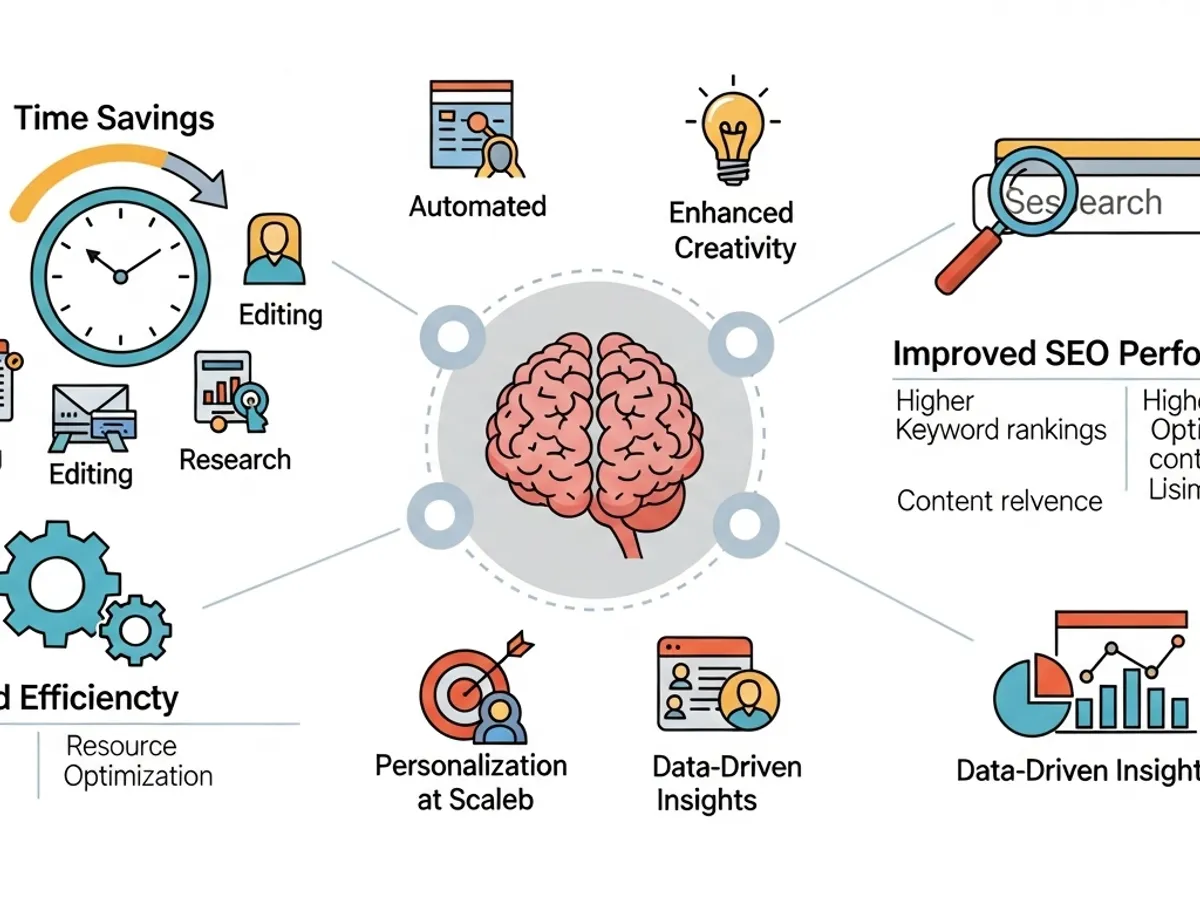 Infographic illustrating how AI tools for writers enhance content marketing through time savings, automation, creativity, efficiency, personalization, data-driven insights, and improved SEO content performance.