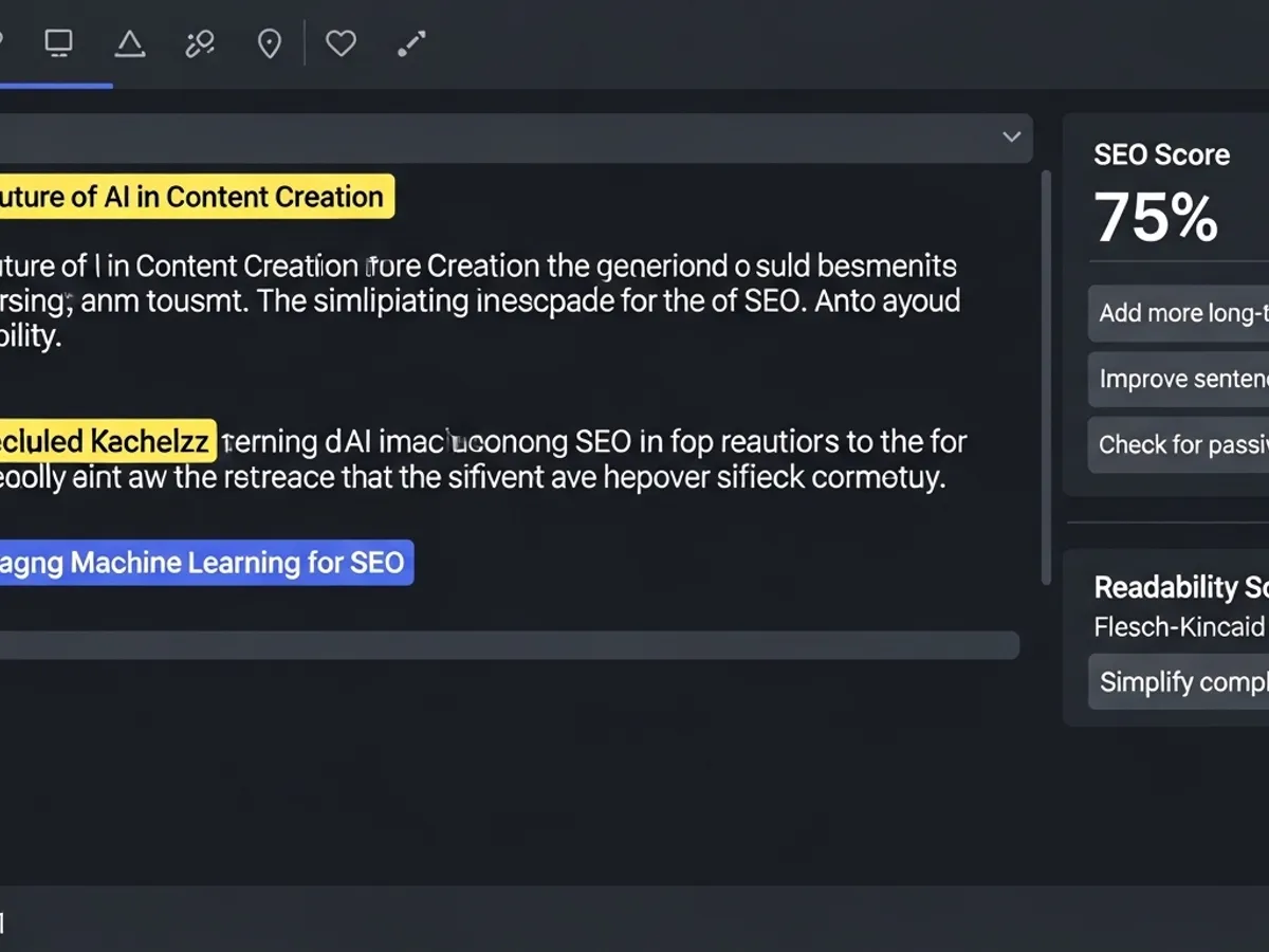 Screenshot of an AI writing assistant interface displaying SEO score and readability analysis for generating articles and ensuring high-quality content.