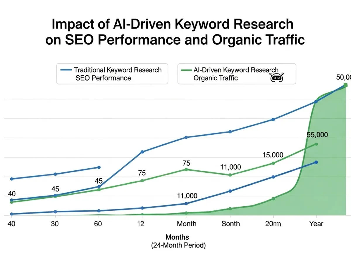 Graph comparing the impact of AI-driven keyword research versus traditional methods on SEO performance and organic traffic, demonstrating the advantages of AI tools for writers.
