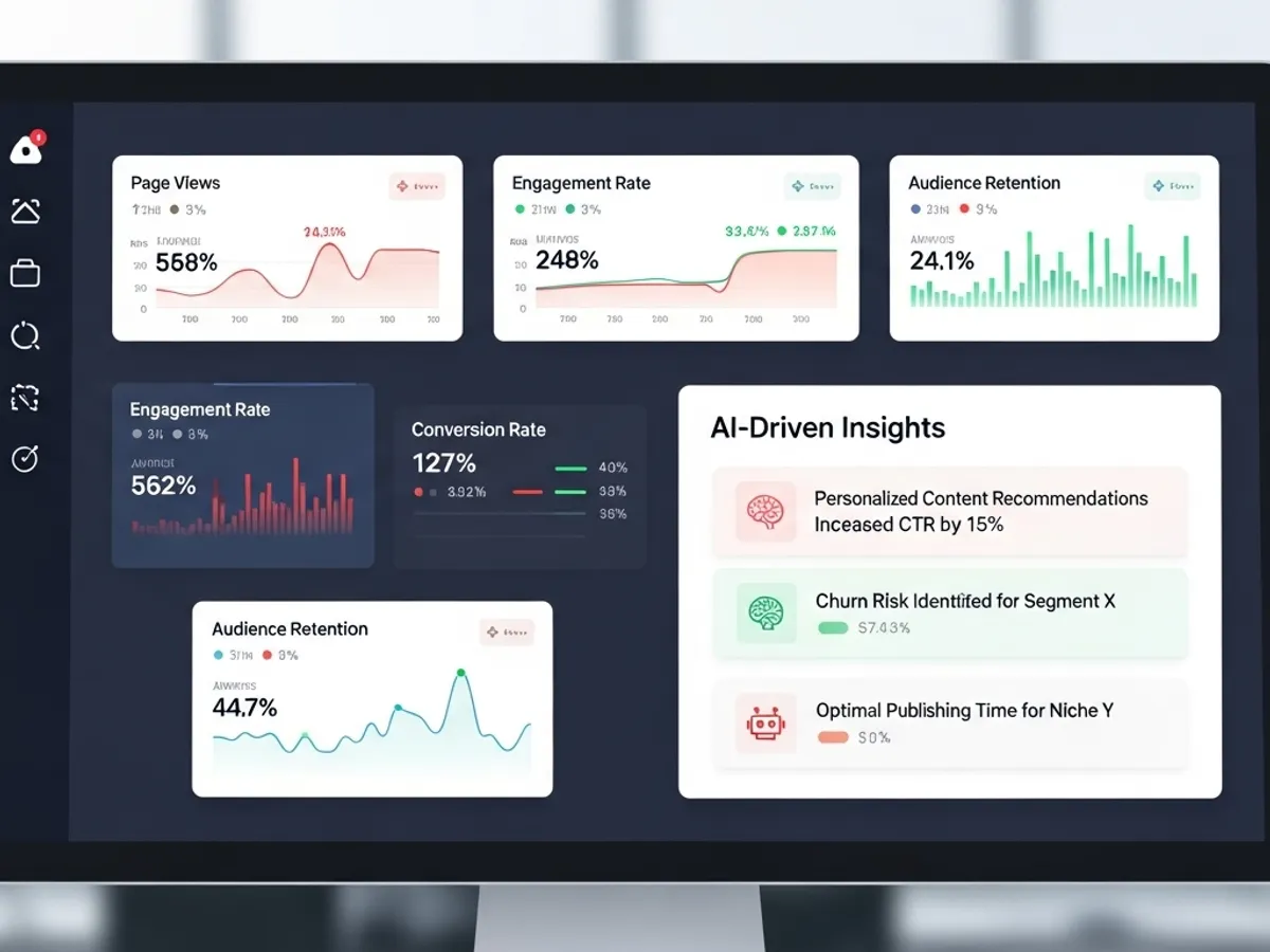 Dashboard displaying AI-driven insights with personalized content recommendations, churn risk identification, and optimal publishing times for effective content marketing and SEO content strategies.