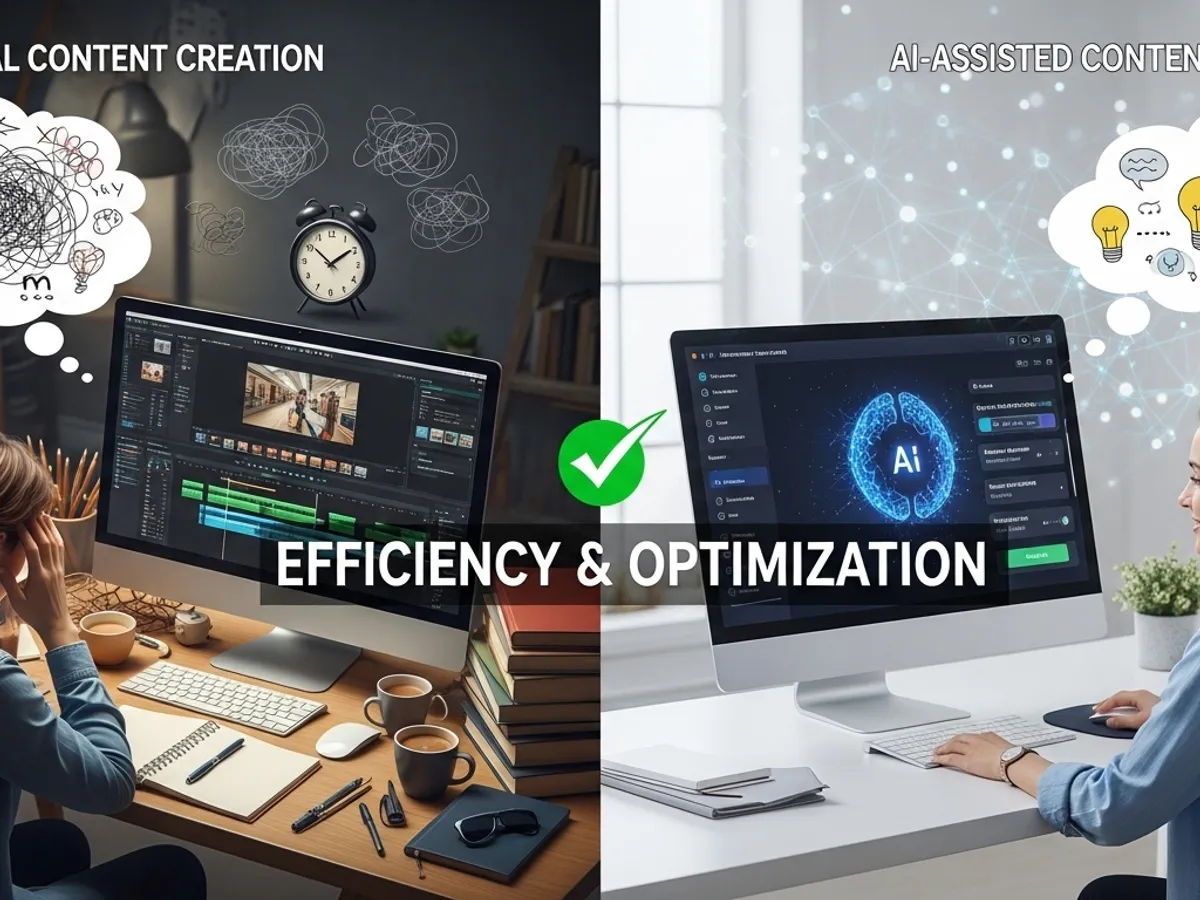 A split-screen comparison illustrating the efficiency and optimization achieved by using AI-assisted content creation versus traditional methods, highlighting the role of AI tools in streamlining digital marketing and content marketing processes.