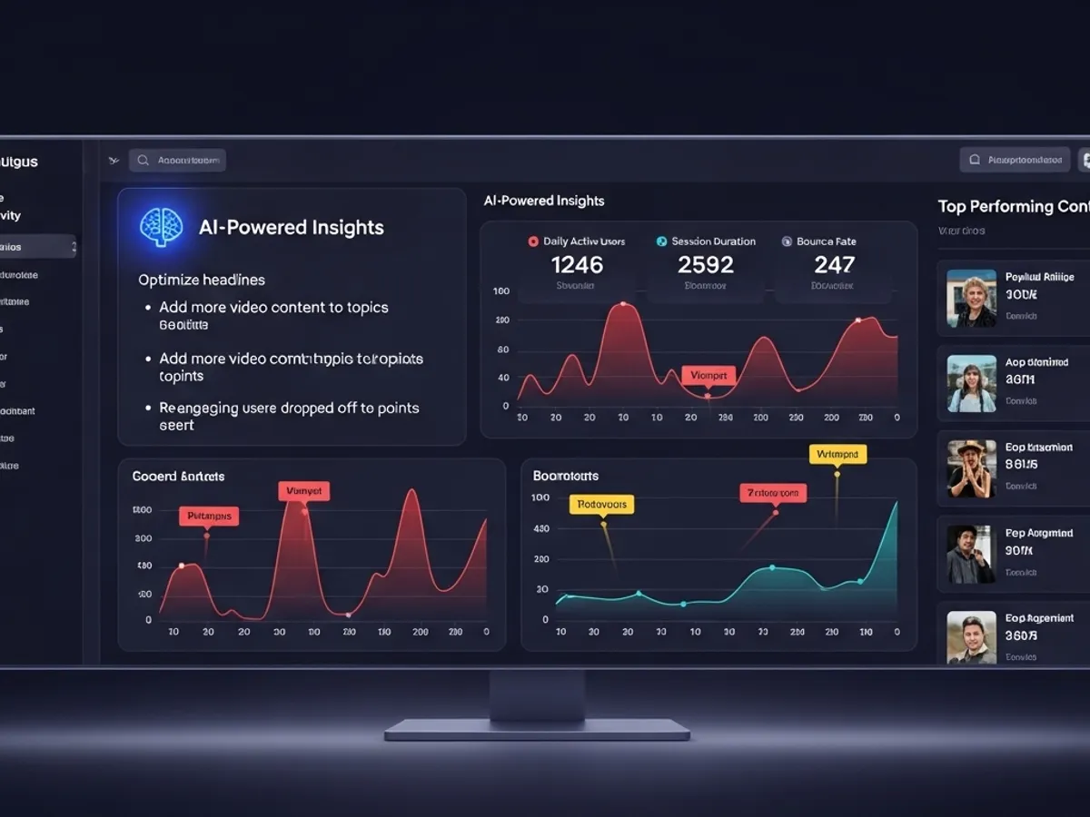 Screenshot of an AI-powered dashboard providing insights into content performance, including daily active users, session duration, and bounce rate, demonstrating the use of AI tools for optimizing SEO and content marketing strategies.
