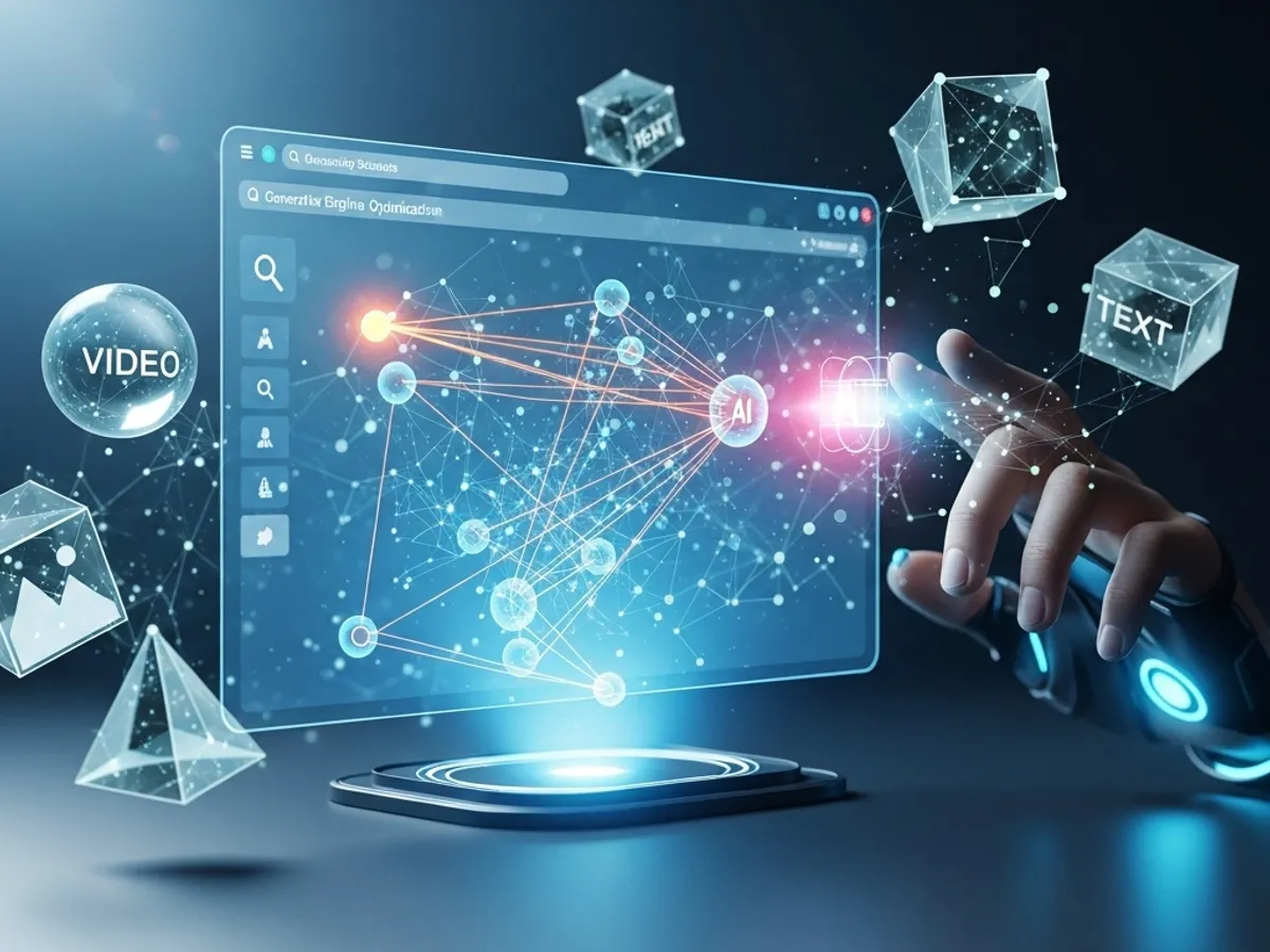 Futuristic image depicting AI's role in content creation, illustrating the connection between video, text, and AI tools, suggesting the transformative impact of generative AI on SEO and digital marketing strategies.